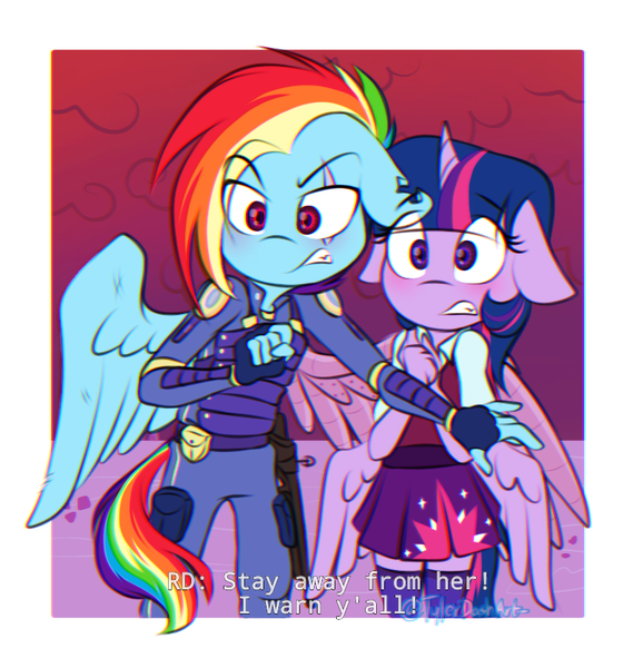 Size: 791x834 | Tagged: safe, artist:tylerdashart, derpibooru import, rainbow dash, twilight sparkle, twilight sparkle (alicorn), alicorn, pegasus, g4, the cutie re-mark, alternate timeline, apocalypse dash, blushing, crystal war timeline, duo, duo female, female, floppy ears, image, lesbian, png, shipping, twidash, wings