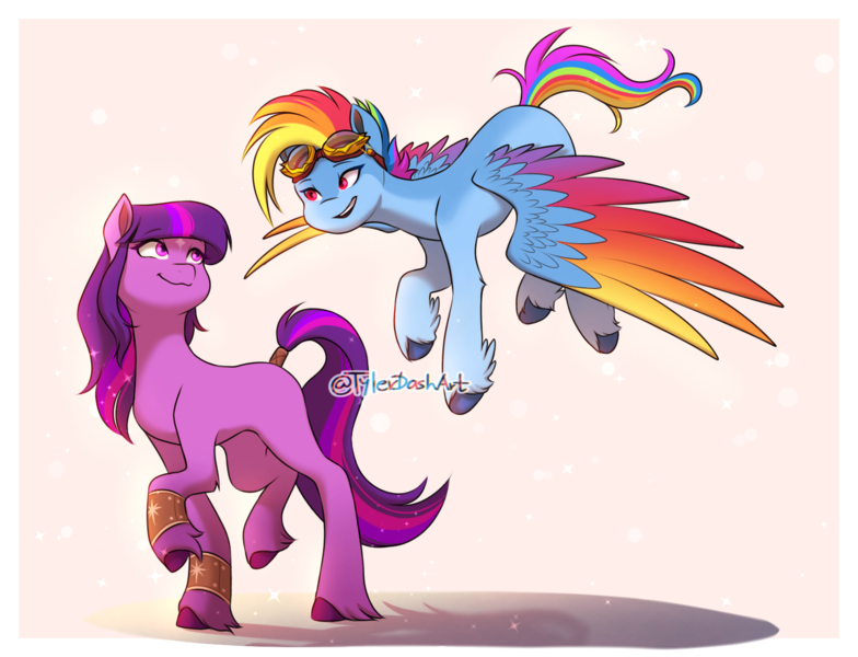 Size: 1500x1148 | Tagged: safe, artist:tylerdashart, derpibooru import, rainbow dash, twilight sparkle, earth pony, pegasus, pony, g4, colored wings, duo, duo female, earth pony twilight, female, flying, g5 concept leaks, goggles, goggles on head, gradient wings, image, lesbian, looking at each other, looking at someone, mare, open mouth, open smile, png, race swap, rainbow dash (g5 concept leak), shipping, smiling, smiling at each other, tail, twidash, twilight sparkle (g5 concept leak), unshorn fetlocks, wings