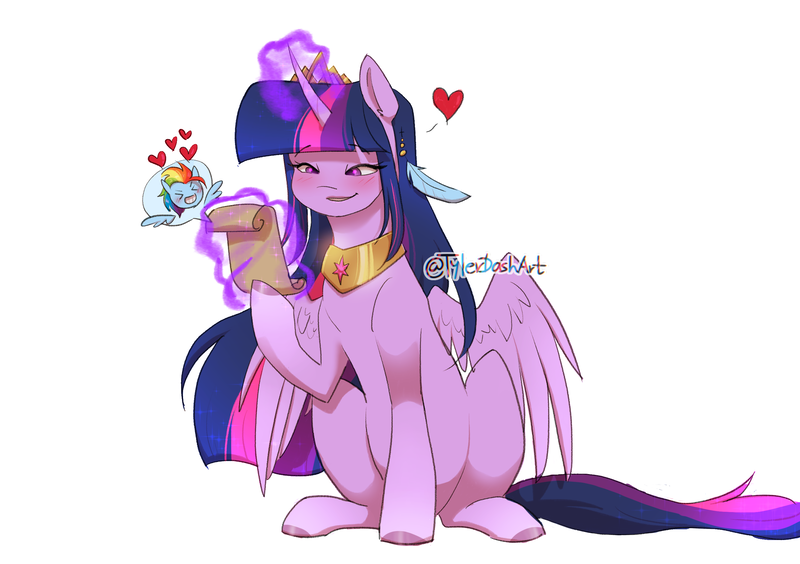 Size: 2836x2000 | Tagged: safe, artist:tylerdashart, derpibooru import, rainbow dash, twilight sparkle, twilight sparkle (alicorn), alicorn, pony, g4, crown, feather, female, glow, glowing horn, heart, horn, image, jewelry, lesbian, levitation, magic, magic aura, mare, peytral, png, reading, regalia, scroll, shipping, simple background, sitting, tail, telekinesis, twidash, white background