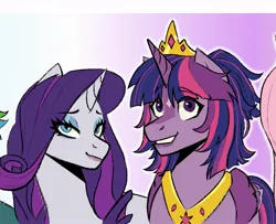 Size: 1233x1000 | Tagged: safe, artist:slapearl, derpibooru import, rarity, twilight sparkle, alicorn, pony, unicorn, alternate design, bust, cropped, duo, duo female, female, front view, golden tiara, gradient background, grin, horn, image, jewelry, jpeg, lesbian, lips, narrowed eyes, purple coat, purple mane, purple tail, ship:rarilight, shipping, smiling, tail, tiara, twitterina design