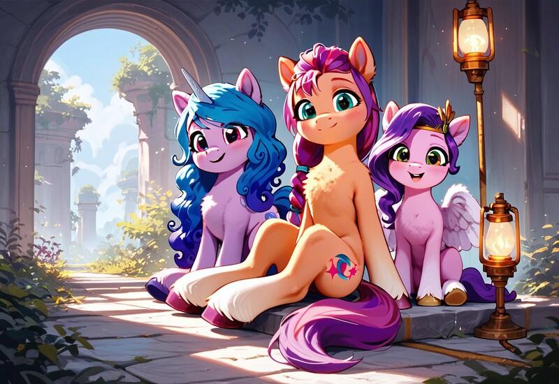 Size: 3072x2112 | Tagged: safe, ai content, derpibooru import, machine learning generated, prompter:kluknawa235, stable diffusion, izzy moonbow, pipp petals, sunny starscout, earth pony, pegasus, pony, unicorn, g5, horn, image, jpeg, lamp, looking at you, sitting, smiling, smiling at you, spread wings, wings