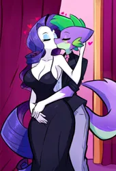 Size: 548x805 | Tagged: safe, ai content, derpibooru import, machine learning generated, novelai, stable diffusion, rarity, spike, spike the regular dog, anthro, dog, equestria girls, g4, big breasts, blushing, breasts, duo, evening dress, female, image, lowres, male, png, prompter:genderface, shipping, smiling, sparity, straight