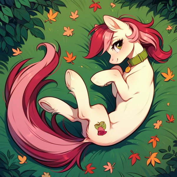 Size: 1024x1024 | Tagged: safe, ai content, derpibooru import, machine learning generated, prompter:doom9454, stable diffusion, roseluck, pony, autumn, collar, cute, fluffy, generator:pony diffusion v6 xl, image, leaves, long tail, looking at you, lying down, outdoors, pet tag, png, pony pet, rosepet, solo, tail