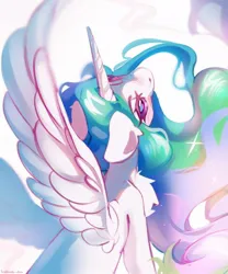 Size: 1000x1200 | Tagged: safe, artist:vanilla-chan, derpibooru import, princess celestia, alicorn, pony, g4, blushing, female, horn, image, jpeg, mare, solo, spread wings, wings