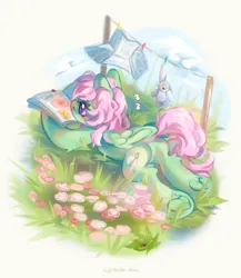 Size: 3200x3688 | Tagged: safe, artist:vanilla-chan, derpibooru import, oc, oc:spectral wind, unofficial characters only, insect, ladybug, pegasus, pony, blushing, commission, featureless crotch, female, flower, folded wings, grass, high res, image, lying down, mare, pegasus oc, png, prone, reading, solo, sploot, tail, underhoof, wings, ych result