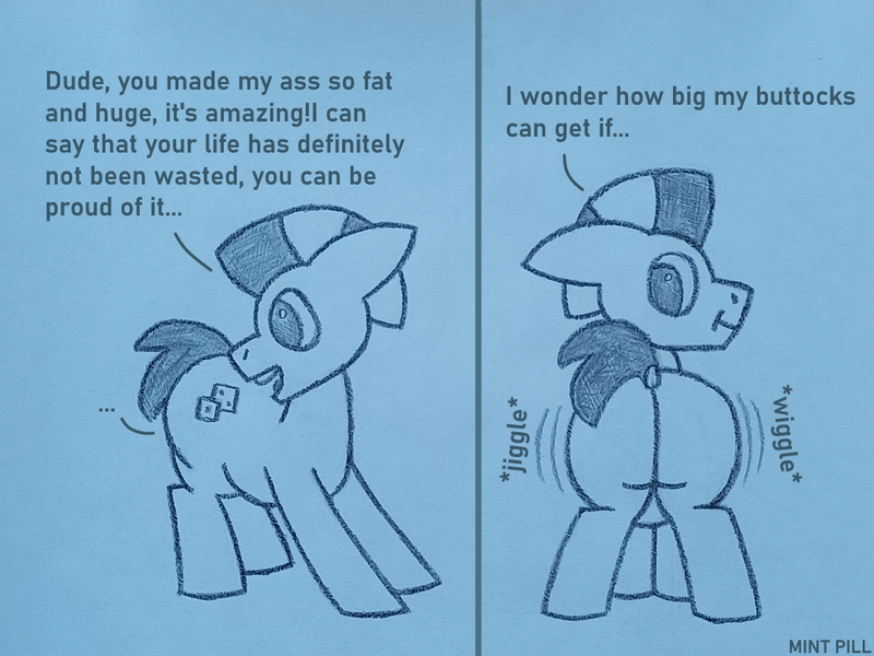 Size: 1152x864 | Tagged: suggestive, artist:mint pill, derpibooru import, oc, oc:metal dice, unofficial characters only, earth pony, pony, ass, butt, comic, fat, image, implied vore, large butt, male, photo, png, stallion, traditional art