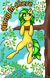 Size: 2100x3240 | Tagged: safe, artist:twinky, derpibooru import, oc, unofficial characters only, pony, cloud, ear fluff, female, green mane, hang in there, hanging, image, leaf, mare, png, solo, tree