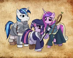 Size: 1250x1000 | Tagged: safe, artist:moumy, derpibooru import, princess cadance, shining armor, twilight sparkle, twilight sparkle (alicorn), alicorn, pony, unicorn, armor, beret, boots, clothes, cosplay, costume, dungeon meshi, falin touden, female, hat, horn, image, jpeg, laios touden, long sleeved shirt, long sleeves, male, marcille donato, mare, paper background, robe, shirt, shoes, smiling, staff, stallion