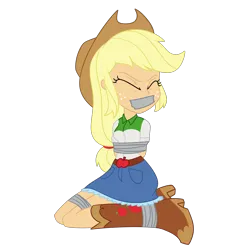 Size: 2000x2000 | Tagged: safe, artist:nie-martw-sie-o-mnie, derpibooru import, applejack, equestria girls, g4, applesub, bondage, boots, clothes, cowboy boots, cowboy hat, eyes closed, female, femsub, freckles, gag, hat, image, kneeling, png, shoes, simple background, solo, submissive, tape, tape bondage, tape gag, transparent background