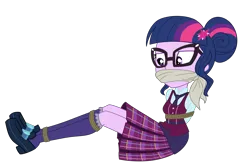 Size: 2370x1552 | Tagged: safe, artist:nie-martw-sie-o-mnie, derpibooru import, sci-twi, twilight sparkle, equestria girls, g4, bondage, bound and gagged, cloth gag, clothes, crystal prep academy uniform, female, femsub, gag, glasses, hair bun, image, my little pony equestria girls: friendship games, necktie, png, rope, rope bondage, school tie, school uniform, schoolgirl, simple background, sitting, solo, submissive, transparent background, twisub