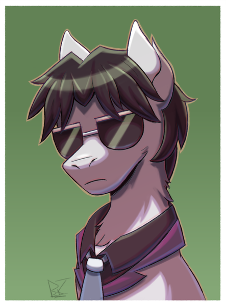 Size: 1458x1976 | Tagged: safe, artist:bkiltersot, derpibooru import, withers, earth pony, pony, g4, black mane, clothes, fluffy, frown, green background, half body, henchmen, image, male, necktie, passepartout, png, simple background, solo, stallion, sunglasses, white coat