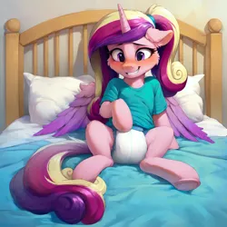 Size: 1024x1024 | Tagged: suggestive, ai content, derpibooru import, machine learning generated, prompter:slopai seconds, princess cadance, alicorn, pony, g4, awkward smile, bed, bedroom, bedsheets, clothes, diaper, image, non-baby in diaper, png, shirt, shy, sitting, smiling, solo, spread legs, spread wings, spreading, teen princess cadance, wings