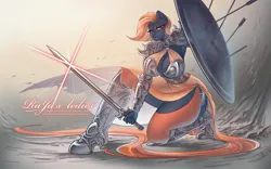 Size: 2048x1275 | Tagged: safe, artist:rajas_ledies, ponerpics import, oc, unofficial characters only, anthro, armor, bikini, breasts, clothes, dress, image, jpeg, solo, swimsuit, sword, weapon