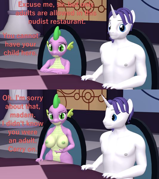 Size: 1920x2160 | Tagged: questionable, alternate version, artist:papadragon69, derpibooru import, rarity, spike, anthro, g4, 3d, barb, breasts, busty barb, casual nudity, elusive, image, jewelry, male nipples, necklace, nipples, nude version, nudist, nudity, offscreen character, older barb, png, restaurant, rule 63, shortstack, source filmmaker, standing up