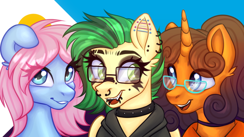 Size: 1920x1080 | Tagged: safe, artist:mxiiisy, derpibooru import, oc, oc:joystick, oc:love letter, oc:orange cream, earth pony, hippogriff, unicorn, female, glasses, goth, horn, image, male, png, polyamory, pride, pride flag, trans female, transgender, transgender oc, transgender pride flag, wallpaper