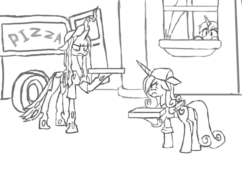 Size: 2000x1500 | Tagged: safe, artist:kabayo, princess cadance, queen chrysalis, shining armor, alicorn, changeling, changeling queen, pony, unicorn, /mlp/, 4chan, 60s spider-man, black and white, cadance's pizza delivery, cap, clothes, curtains, drawthread, female, folded wings, food, frown, grayscale, hat, hoof hold, image, jpeg, looking at each other, looking at someone, male, mare, meme, monochrome, peeking, peetzer, pizza, pizza box, pizza delivery, ponified meme, simple background, stallion, van, white background, window, wings