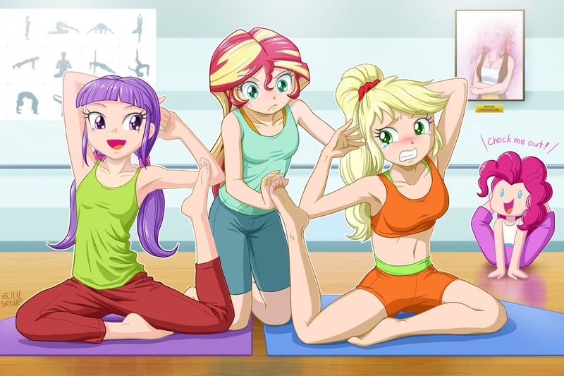 Size: 1350x900 | Tagged: safe, artist:uotapo, color edit, derpibooru import, edit, editor:overlord 2, applejack, pinkie pie, starlight, sunset shimmer, tree hugger, human, equestria girls, g4, armpits, barefoot, belly button, blushing, clothes, colored, colored pupils, contortionist, cute, dialogue, feet, female, flexible, group, hilarious in hindsight, humanized, image, jpeg, knot position, light skin, midriff, open mouth, pants, pinkie being pinkie, quartet, shorts, skin color edit, sports bra, sunset helper, tanktop, yoga, yoga mat, yoga pants