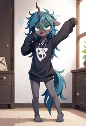 Size: 832x1216 | Tagged: safe, ai content, derpibooru import, machine learning generated, prompter:vtaviscratch, queen chrysalis, anthro, adorasexy, barefoot, bedroom, clothes, cute, feet, hoodie, image, jpeg, legs, lidded eyes, messy hair, messy mane, oversized clothes, sexy, sleepy, standing, stretching, yawn