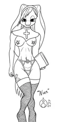 Size: 740x1500 | Tagged: suggestive, alternate version, artist:sepiakeys, derpibooru import, oc, oc:carmine petals, anthro, book, clothes, female, fishnet clothing, fishnets, image, nun outfit, panties, pasties, pentagram, png, socks, solo, solo female, stockings, thigh highs, underwear