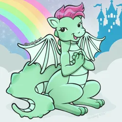 Size: 2400x2400 | Tagged: safe, artist:sparkytopia, derpibooru import, dragon, g2, castle, cloud, commission, commissioner:dragonpone, hands together, image, open mouth, open smile, png, rainbow, signature, sitting, smiling, solo, spread wings, wings, zip-zip