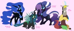 Size: 3192x1344 | Tagged: safe, artist:necrofeline, derpibooru import, discord, nightmare moon, nightmare rarity, queen chrysalis, alicorn, changeling, changeling queen, draconequus, pony, unicorn, series:"tons" of appreciation growth drive, boots, chestplate, clothes, concave belly, ethereal hair, ethereal mane, ethereal tail, eyeshadow, female, group, helmet, horn, image, imminent growth, incentive drive, jewelry, lidded eyes, looking at you, lying down, makeup, male and female, necklace, pink background, png, prone, quartet, quartet male and female, raised hoof, shoes, signature, simple background, sitting, slender, tail, thin, this will end in weight gain, tiara, weight gain, weight gain sequence, wings