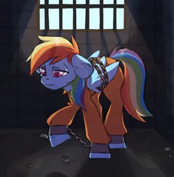 Size: 1856x1892 | Tagged: safe, artist:twi_sfw, derpibooru import, rainbow dash, pegasus, pony, annoyed, clothes, commission, commission open, image, jpeg, jumpsuit, prison, prison outfit, prisoner, sad, shackles, solo