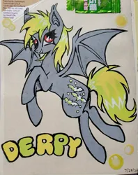 Size: 640x809 | Tagged: safe, artist:redactedhaunt, derpibooru import, derpy hooves, bat pony, hybrid, pegasus, alternate cutie mark, bat ponified, bat pony pegasus, cute, cute little fangs, derpabetes, derpybat, fangs, image, jpeg, name, race swap, text, traditional art