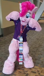 Size: 742x1280 | Tagged: safe, artist:spainfischer, derpibooru import, pinkie pie, badge, clothes, fursuit, image, indoors, irl, photo, png, ponysuit, shirt, solo, t-shirt