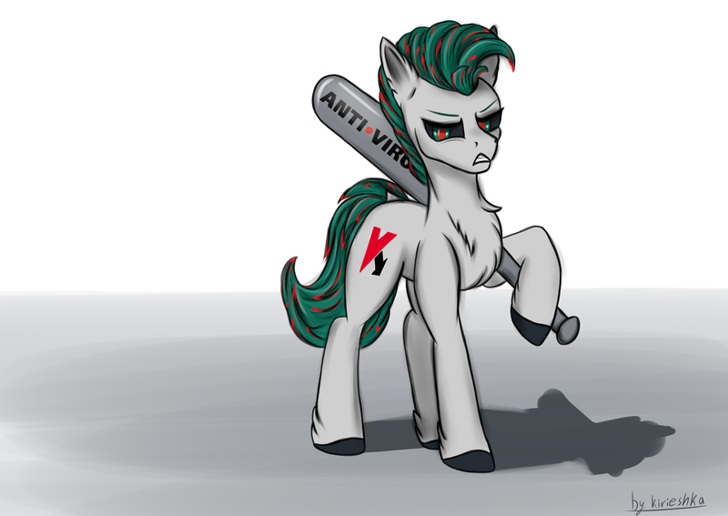 Size: 3541x2508 | Tagged: safe, artist:kirieshka, derpibooru import, oc, unofficial characters only, earth pony, pony, angry, anti virus, baseball bat, best pony, cutie mark, green hair, image, kaspersky, png