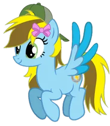 Size: 720x827 | Tagged: safe, artist:lucky bolt, artist:pegasski, derpibooru import, oc, oc:lucky bolt, unofficial characters only, pegasus, pony, backwards ballcap, base used, baseball cap, bow, cap, colored wings, cutie mark, female, flying, hair bow, hat, image, png, simple background, solo, transparent background, two toned mane, two toned wings, wings