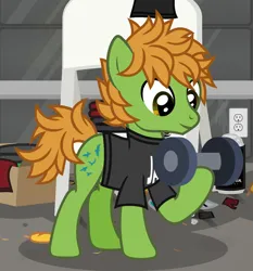 Size: 1282x1375 | Tagged: safe, artist:lightningbolt, derpibooru import, ponified, earth pony, pony, .svg available, all time low, clothes, derpibooru exclusive, dumbbell (object), happy, i can't believe it's not hasbro studios, image, indoors, looking down, male, messy room, png, raised hoof, shirt, show accurate, smiling, solo, stallion, standing, t-shirt, vector, weight lifting, weights, working out, zack merrick