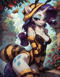 Size: 1664x2144 | Tagged: suggestive, ai content, derpibooru import, machine learning generated, stable diffusion, rarity, anthro, bee, insect, unicorn, series:mane6bee, g4, animal costume, bedroom eyes, bee costume, breasts, busty rarity, clothes, costume, female, horn, image, lip bite, looking at you, png, prompter:neondash, solo, solo female