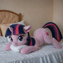 Size: 1536x1536 | Tagged: safe, ai content, anonymous prompter, derpibooru import, machine learning generated, twilight sparkle, pony, unicorn, bed, cute, female, floppy ears, horn, image, lying down, mare, photorealistic, pillow, plushie, png, prone, realistic, solo, unicorn twilight