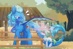 Size: 2048x1365 | Tagged: safe, artist:shelti, ponerpics import, oc, unofficial characters only, dragon, pony, blushing, female, image, jpeg, looking at each other, male, mare, size difference, stallion