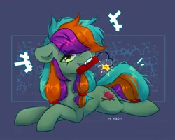 Size: 2048x1638 | Tagged: safe, artist:shelti, ponerpics import, oc, unofficial characters only, pony, dynamite, explosives, female, hair over one eye, image, jpeg, lying down, mare