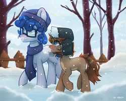 Size: 2048x1638 | Tagged: safe, artist:shelti, ponerpics import, oc, unofficial characters only, pony, duo male and female, female, glasses, image, jpeg, male, mare, snow, stallion, winter