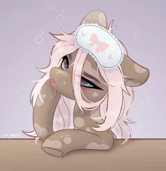 Size: 1936x2000 | Tagged: safe, artist:shelti, ponerpics import, oc, unofficial characters only, pony, female, groggy, image, jpeg, mare, sleep mask, thinking