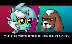 Size: 1575x952 | Tagged: safe, artist:background basset, derpibooru import, lyra heartstrings, basset hound, dog, pony, unicorn, g4, abstract background, dialogue, digital art, disembodied head, duo, horn, hotline miami, image, open mouth, pixel art, png, text