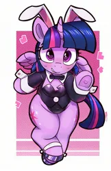 Size: 1359x2100 | Tagged: safe, artist:pabbley, derpibooru import, twilight sparkle, twilight sparkle (alicorn), alicorn, semi-anthro, g4, blushing, bowtie, bunny ears, bunny suit, chest fluff, chubby, clothes, female, heart, heart hoof, image, jpeg, looking at you, necktie, passepartout, smiling, smiling at you, solo, wide hips