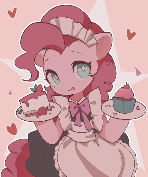 Size: 1080x1296 | Tagged: safe, artist:zrainm, derpibooru import, pinkie pie, earth pony, pony, semi-anthro, :p, abstract background, apron, cake, cherry, clothes, cupcake, female, food, heart, image, jpeg, looking at you, maid, maid headdress, mare, outline, plate, solo, strawberry, tongue out, white outline