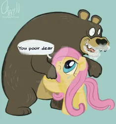 Size: 1280x1368 | Tagged: safe, artist:amynewblue, derpibooru import, fluttershy, bear, pegasus, pony, g4, :c, blue background, cocaine, cocaine bear, crying, deviantart watermark, drugs, female, fluttershy being fluttershy, foaming at the mouth, frown, hug, image, jpeg, mare, obtrusive watermark, open mouth, pinpoint eyes, signature, simple background, speech bubble, watermark