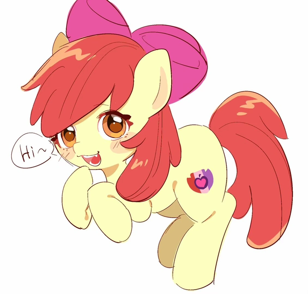 Size: 1130x1079 | Tagged: safe, artist:guiiy电离诡, derpibooru import, apple bloom, earth pony, pony, adorabloom, blushing, cute, female, filly, foal, hi, image, looking at you, png, simple background, solo, speech bubble, white background