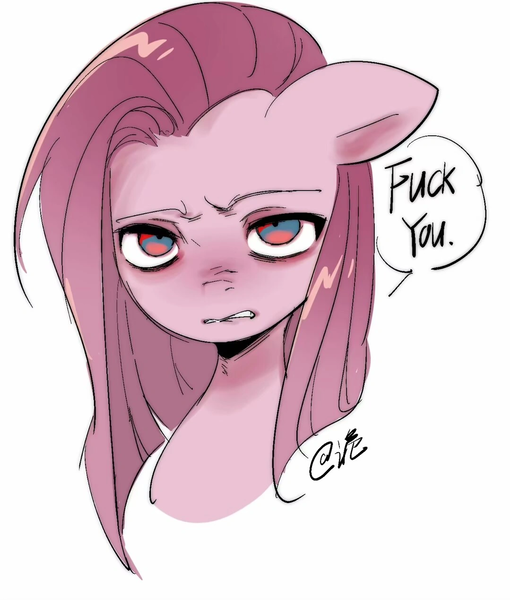 Size: 1079x1269 | Tagged: safe, artist:guiiy电离诡, derpibooru import, pinkie pie, earth pony, pony, angry, bust, female, image, looking at you, mare, pinkamena diane pie, png, scowl, simple background, speech bubble, vulgar, white background