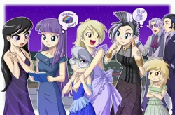 Size: 3500x2294 | Tagged: safe, artist:uotapo, color edit, derpibooru import, edit, editor:overlord 2, derpy hooves, dinky hooves, hoity toity, king sombra, maud pie, octavia melody, silver spoon, zecora, human, equestria girls, g4, clothes, colored, dress, good king sombra, grey hair, image, jpeg, light skin, skin color edit