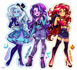 Size: 2048x1852 | Tagged: safe, artist:libbly_libby, derpibooru import, starlight glimmer, sunset shimmer, trixie, human, equestria girls, g4, 2d, bandaid, beanie, belt, boots, choker, clothes, cutie mark, cutie mark on clothes, ear piercing, earring, female, hand on hip, hat, high heel boots, image, jacket, jewelry, jpeg, leather, leather jacket, midriff, nail polish, off shoulder, off shoulder sweater, open mouth, open smile, phone, piercing, pose, ripped stockings, shoes, shorts, simple background, skirt, smiling, socks, stockings, sweater, thigh boots, thigh highs, top hat, torn clothes, trio, trio female, white background