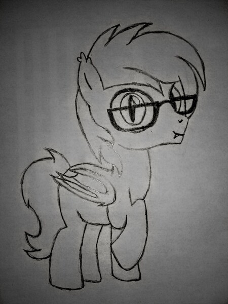 Size: 2448x3264 | Tagged: safe, artist:darkestjewels, oc, oc:darkestjewels, unofficial characters only, bat pony, pony, colt, cute, glasses, grayscale, image, jpeg, male, monochrome, simplebackground, solo, traditional art