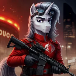 Size: 1024x1024 | Tagged: safe, ai content, derpibooru import, generator:google imagen 3.0, machine learning generated, prompter:zerowinger, anthro, unicorn, assault rifle, clothes, cobra the enemy, cosplay, costume, crimson guard, g.i. joe, goggles, gradient background, gun, horn, image, jpeg, male, military uniform, rifle, solo, uniform, weapon