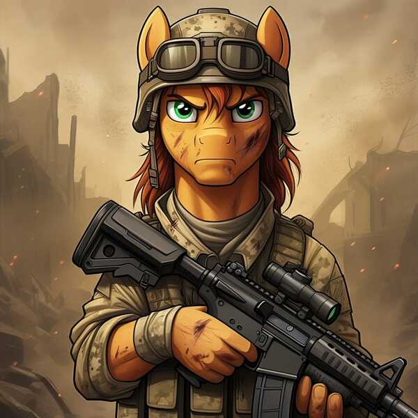 Size: 1024x1024 | Tagged: safe, ai content, derpibooru import, generator:google imagen 3.0, machine learning generated, prompter:zerowinger, braeburn, anthro, earth pony, assault rifle, clothes, cosplay, costume, desert, dusty, fatigues, g.i. joe, goggles, gun, helmet, image, jpeg, male, military uniform, rifle, solo, uniform, weapon