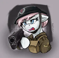 Size: 1143x1135 | Tagged: safe, artist:reddthebat, derpibooru import, nurse redheart, earth pony, pony, g4, bust, clothes, dexterous hooves, ear fluff, eyebrows, eyebrows visible through hair, female, floppy ears, furrowed brow, gun, handgun, helmet, hoof hold, image, jpeg, mare, medic, open mouth, pistol, redd's great war universe, signature, solo, uniform, weapon