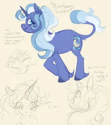 Size: 1500x1700 | Tagged: safe, artist:abbytabbys, derpibooru import, part of a set, oc, oc:moonbeam twinkle, unofficial characters only, classical unicorn, pony, unicorn, alternate universe, blue coat, blue eyes, blue hooves, blue mane, blue pupils, blue tail, blush lines, blushing, book, cloven hooves, colored eyebrows, colored hooves, colored pupils, colored sketch, eyelashes, female, female oc, fetlock tuft, hoof hold, hooves, horn, image, jpeg, leonine tail, long mane, looking back, mare, mare oc, multiple angles, open mouth, open smile, profile, simple background, sketch, smiling, solo, tail, tail fluff, unicorn horn, unicorn oc, unshorn fetlocks, wavy mane, wavy tail, yellow background